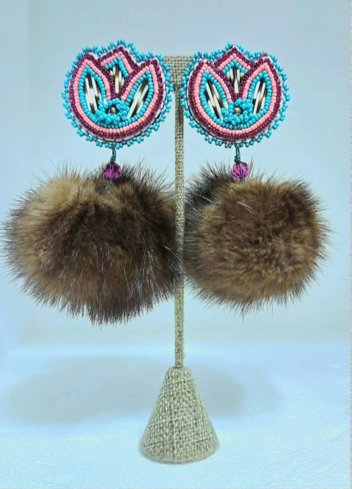 Quilted Flower Pom Earrings