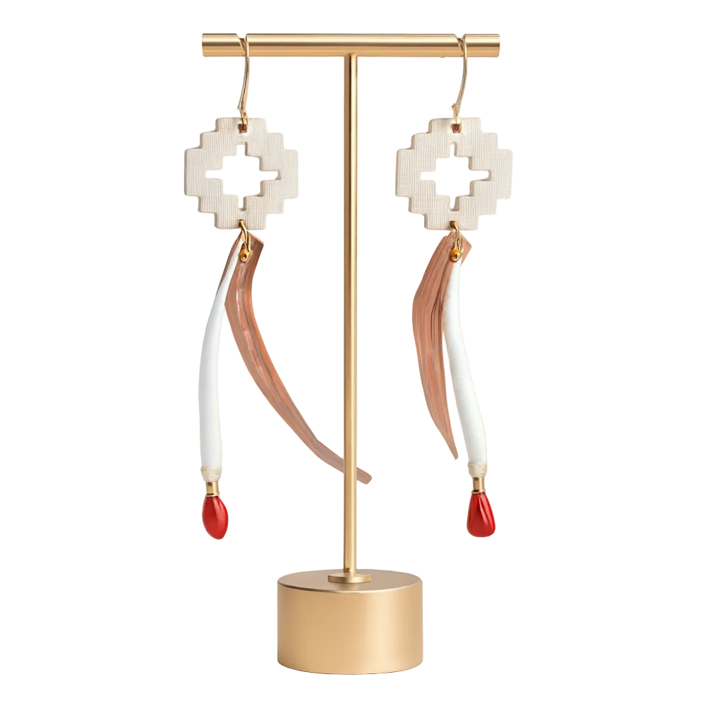 Pair of Native earrings on a gold stand with a white background