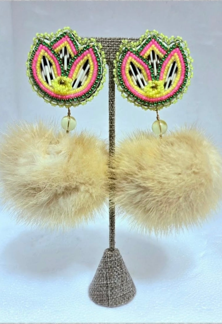 Quilted Flower Pom Earrings