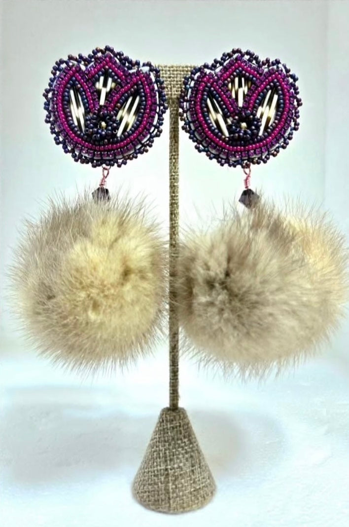 Quilted Flower Pom Earrings
