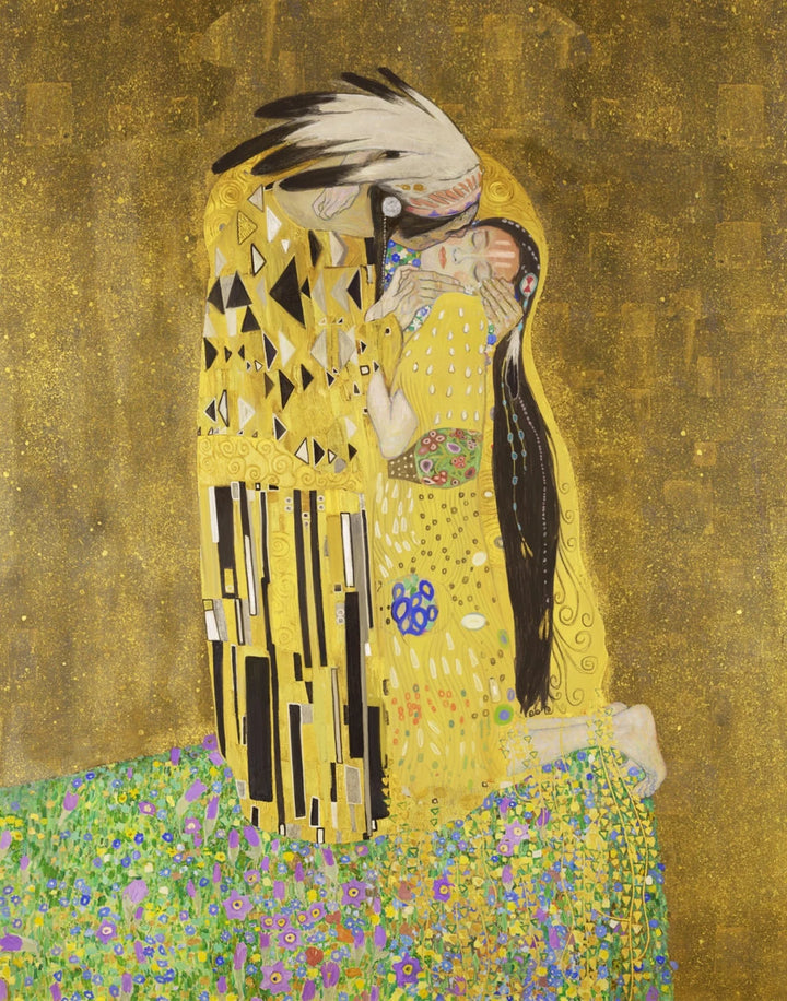 Artistic depiction of a couple embracing with a gold background