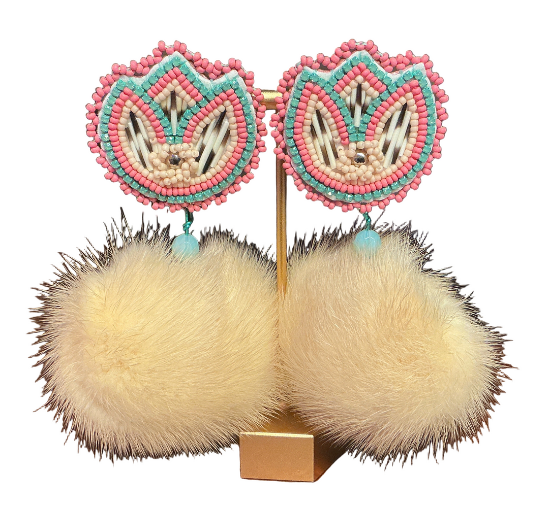 Quilted Flower Pom Earrings