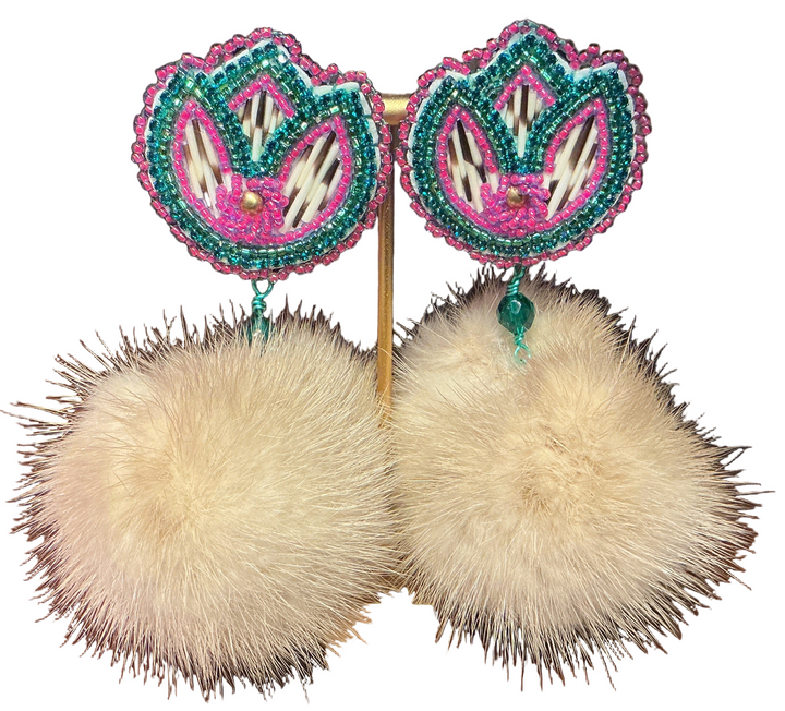 Quilted Flower Pom Earrings