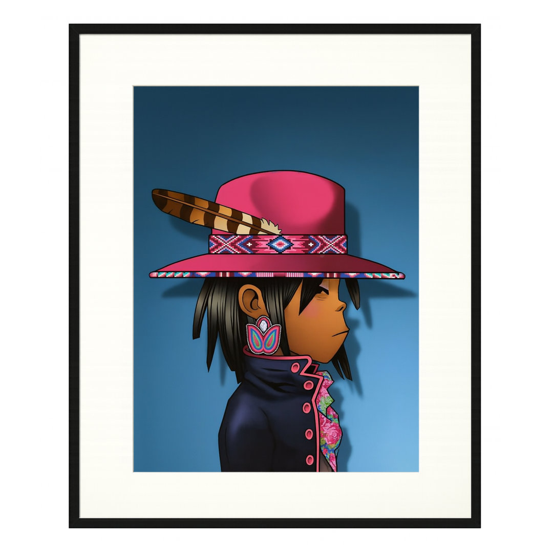 Illustration of a person wearing a pink colorful hat with a feather against a blue background