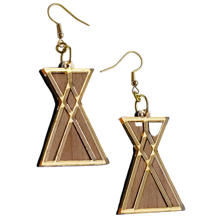 Wooden tipi style earrings with gold accents on a white background