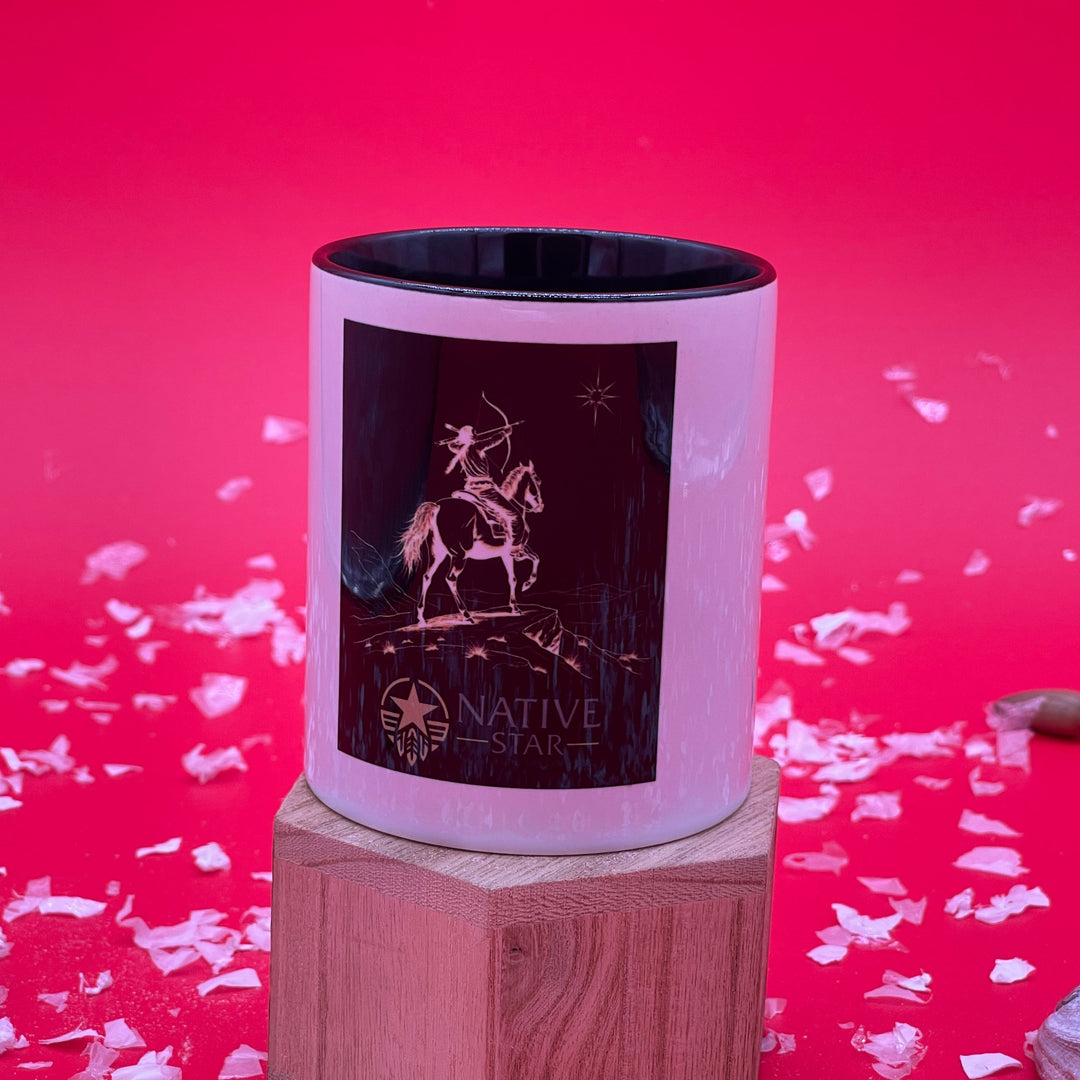 Native Star Mug with red Christmas background.