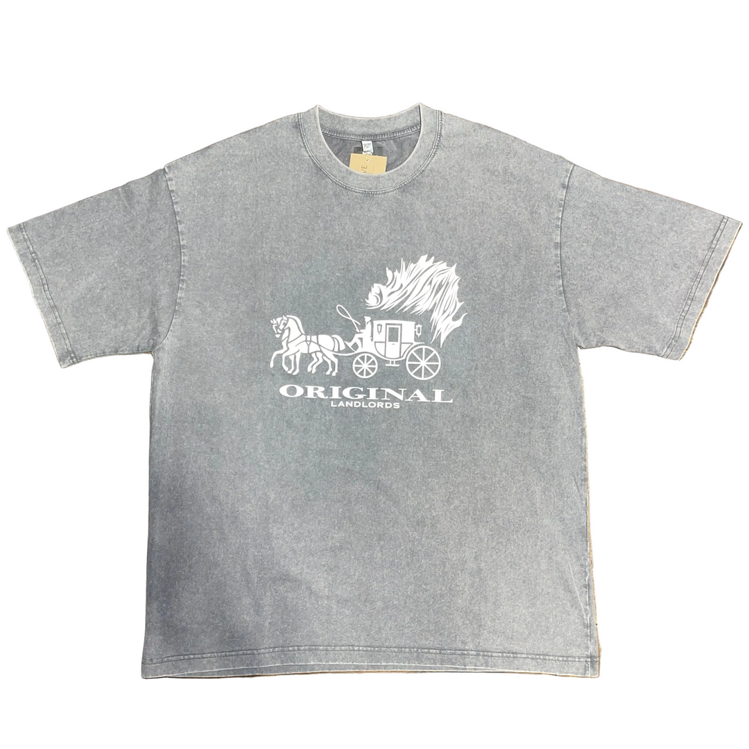 Gray t-shirt with white graphic and text on a white background