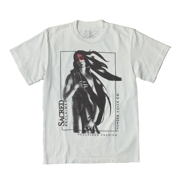 White t-shirt with Native American graphic design on a white background