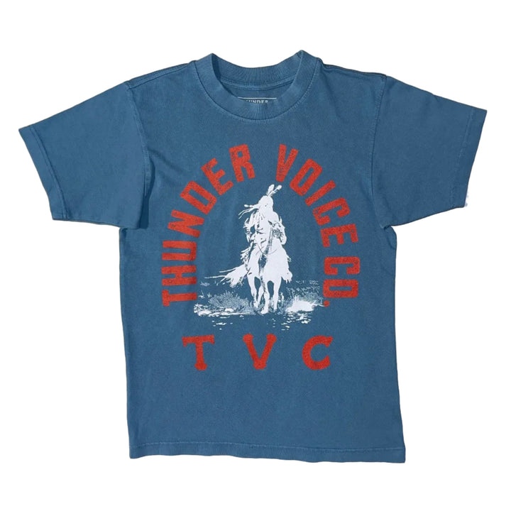 Blue Native American designed t-shirt with red text on a white background