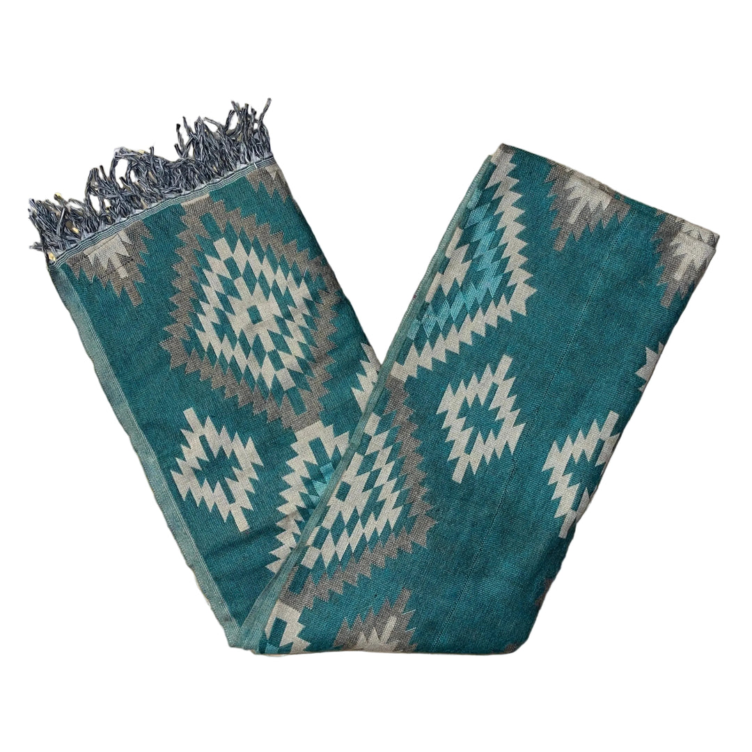 Teal patterned fabric on a white background