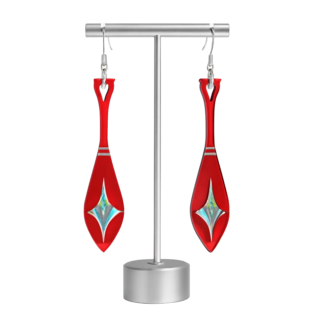 Red paddle style earrings with a silver stand on a white background