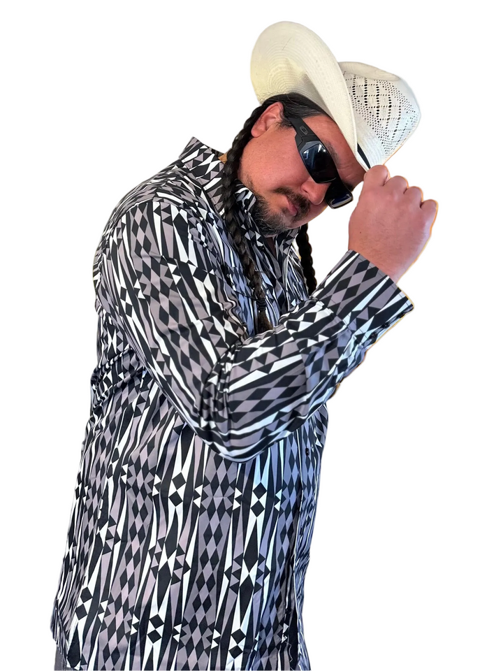 Person wearing a patterned raincoat and sunglasses with a white background