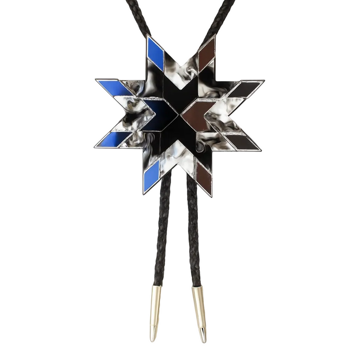 Star-shaped bolo tie with blue, black, and silver colors on a white background