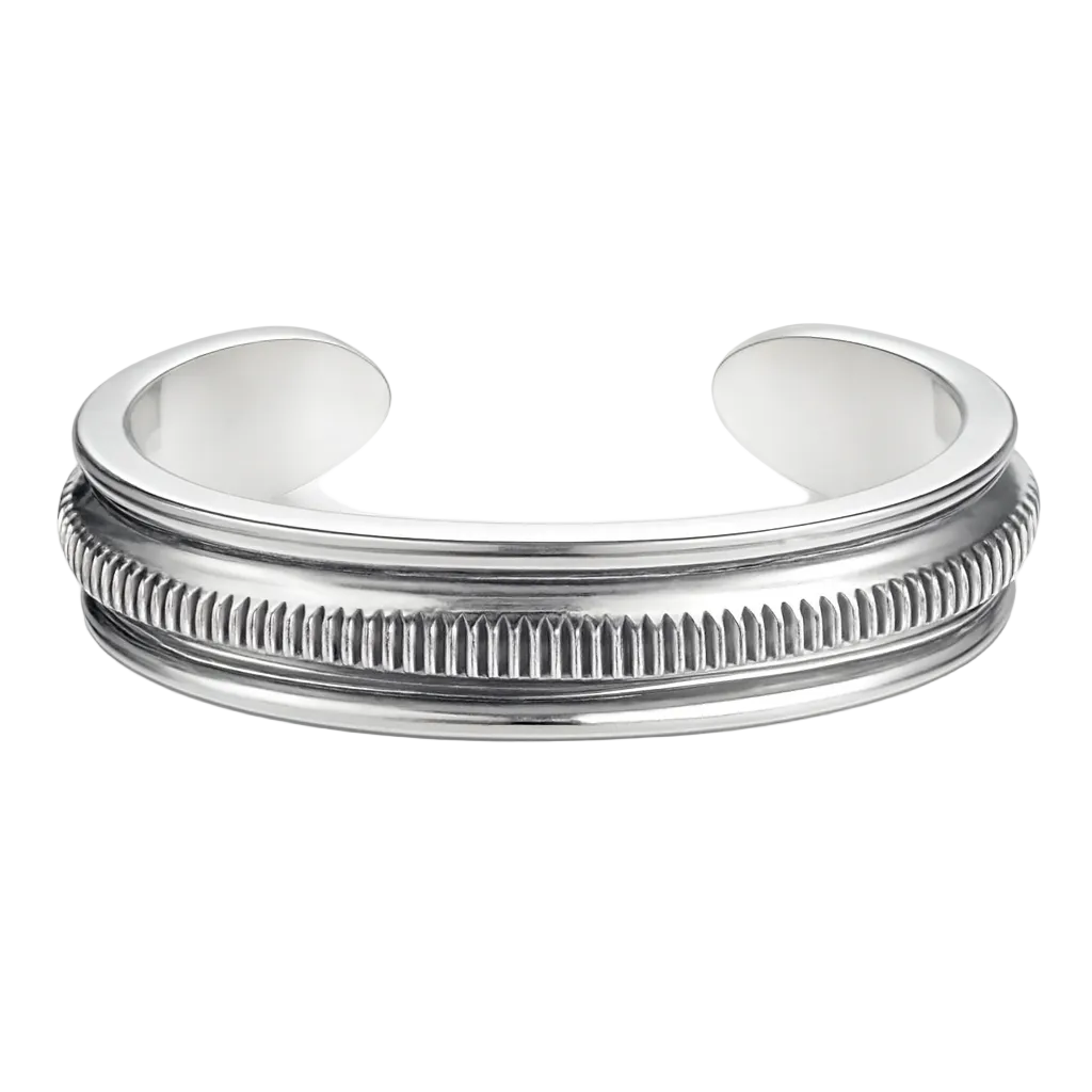 Silver ring with a textured band on a white background