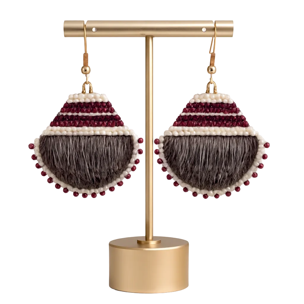 Pair of earrings with beaded design on a gold stand against a white background
