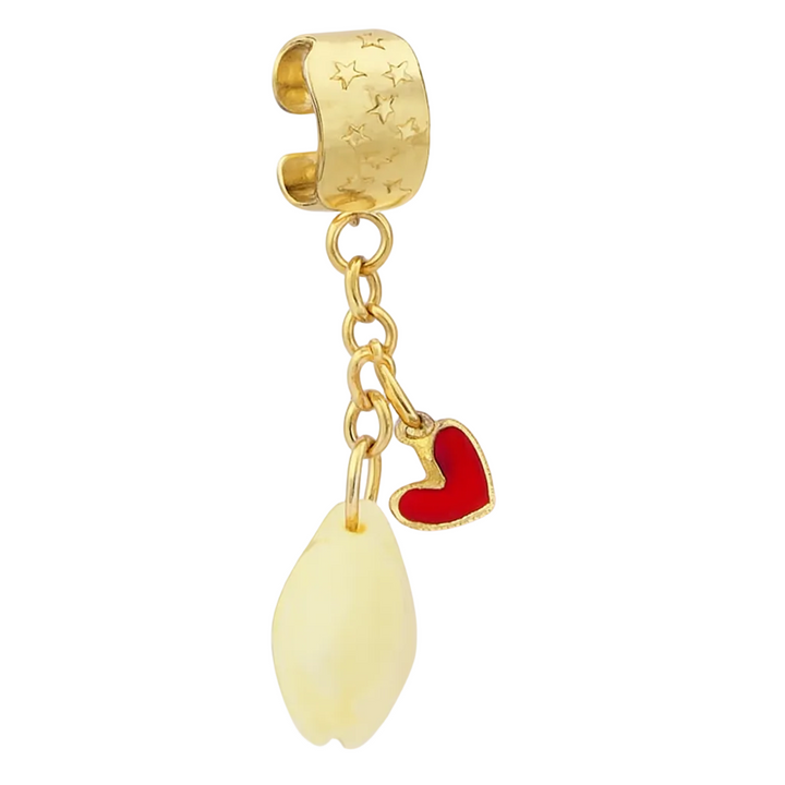 Gold charm with a red heart and white teardrop on a white background