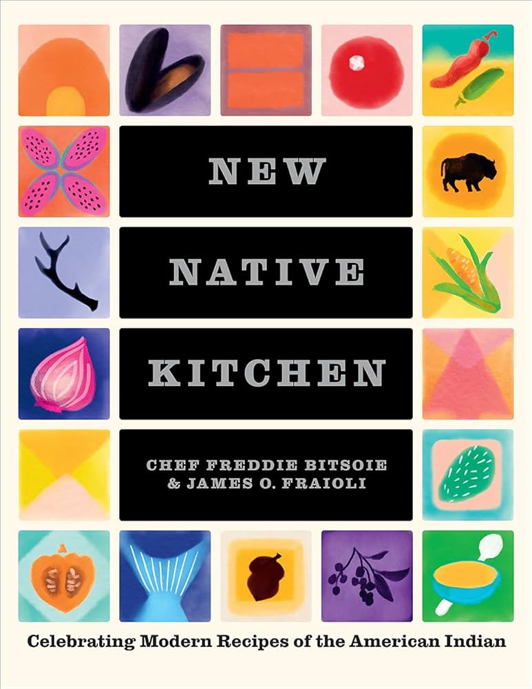 a book cover  that has colorful depictions of food items, in the middle it says " NEW NATIVE KITCHEN" 