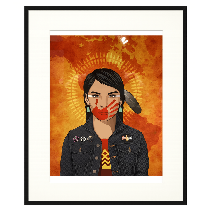 Framed artwork of a person wearing a jacket with pins against an orange background