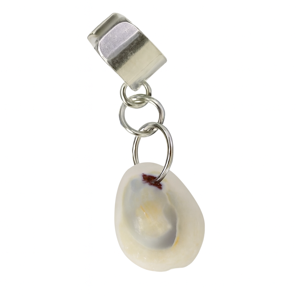 Pendant charm with a silver accent and a white shell-like design on a white background