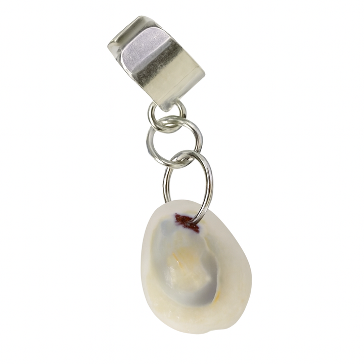 Pendant charm with a silver accent and a white shell-like design on a white background